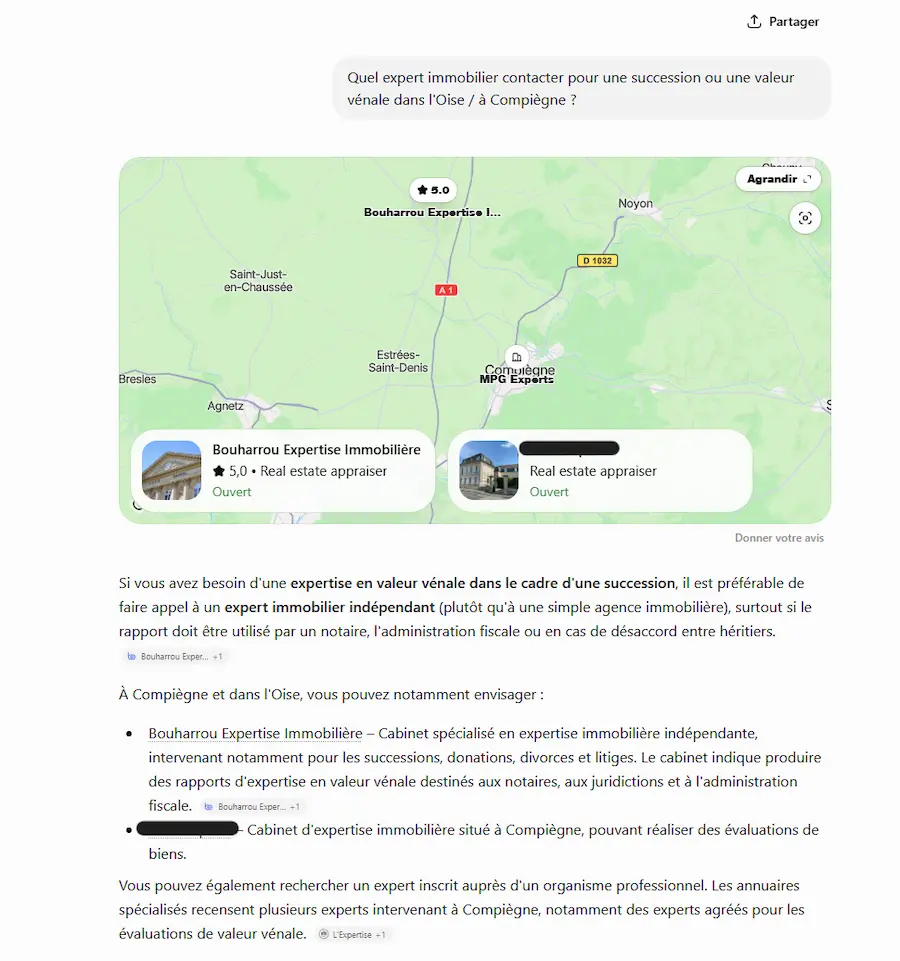 Capture ChatGPT citant Bouharrou Expertise pour une recherche d’expert immobilier dans l’Oise et à Compiègne