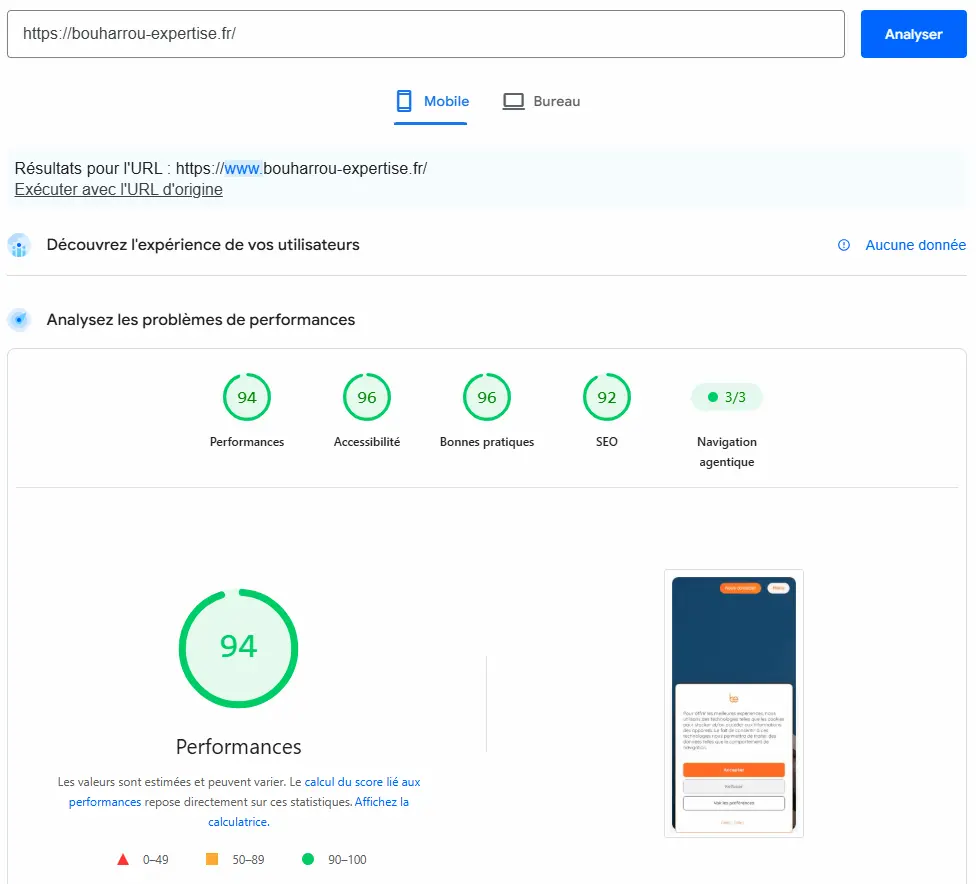 Capture PageSpeed Insights mobile de Bouharrou Expertise affichant un score de performance 94