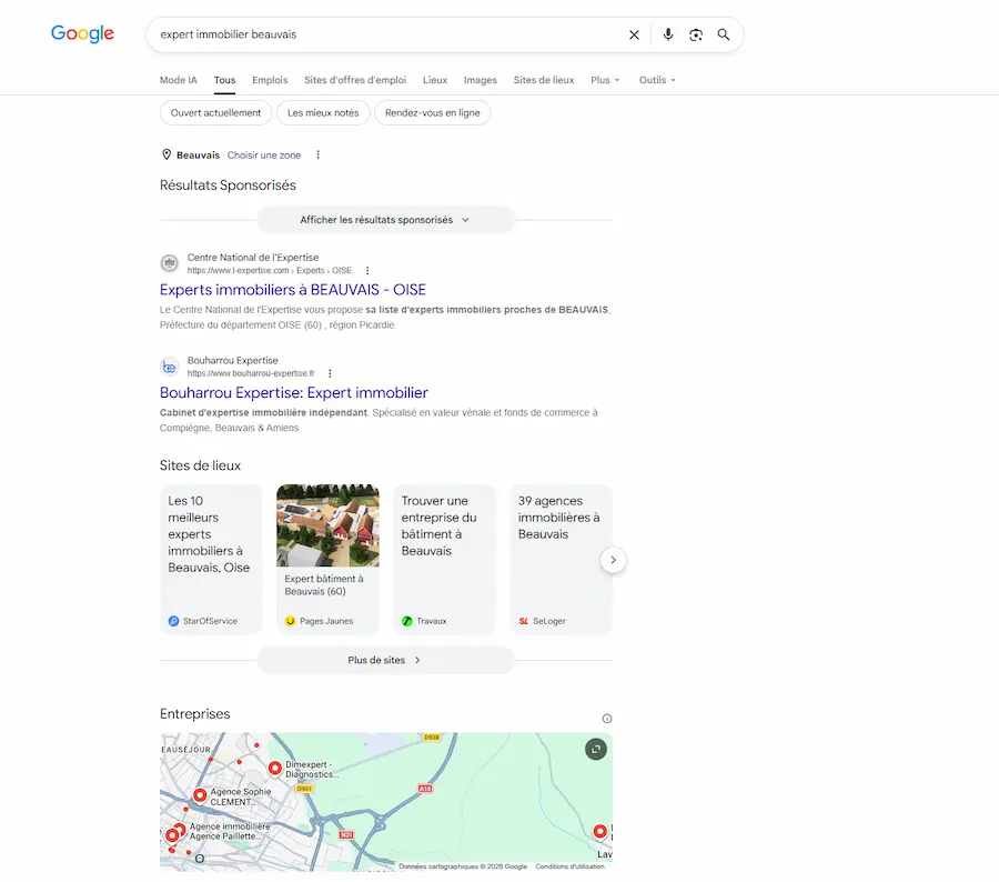 Capture Google montrant Bouharrou Expertise en deuxième résultat organique pour expert immobilier Beauvais