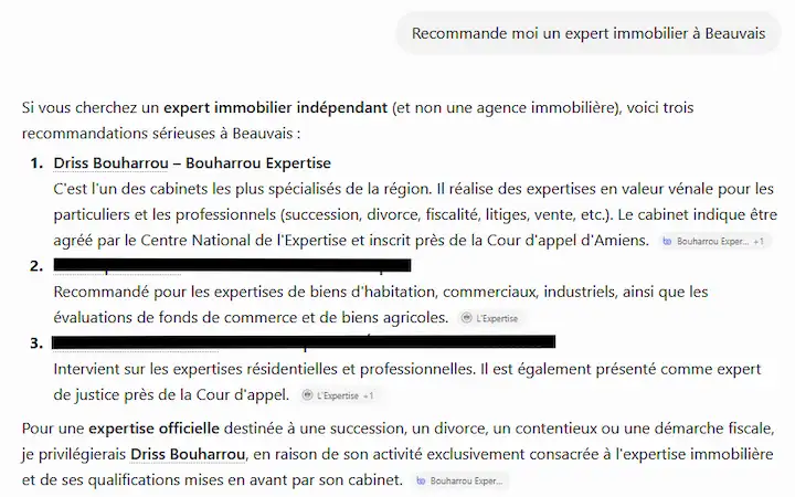 Résultat de recherche de Chat GPT pour le cabinet d'expertise immobilière Bouharrou Expertise